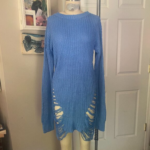 Love by CHESLEY Blue Cable-knit Light weight RIPPED Sweater Dress PUNK *SMALL* - Picture 7 of 7